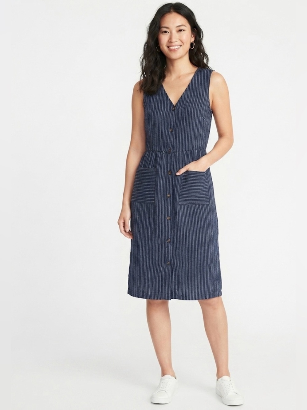 Old Navy Blue & White Striped Linen-Blend Sleeveless Woman’s Dress Size Large